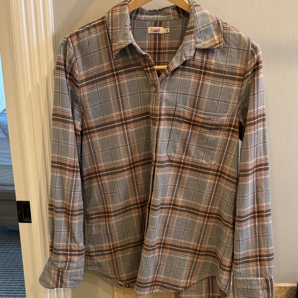 Faherty Flax Blue and Brown Plaid Cotton Shirt